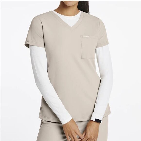 Jaanuu 3-pocket scrub top v-neck soft khaki size large - Picture 1 of 5